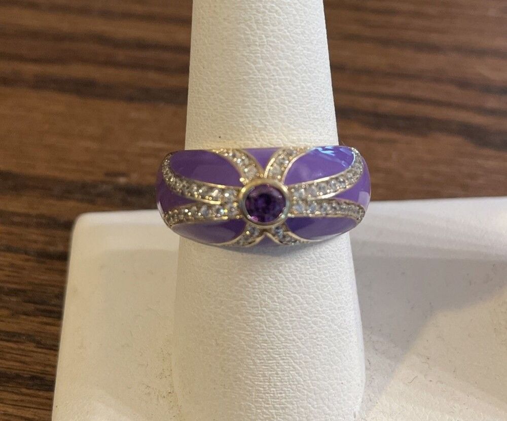 Vintage Silvio Hildago Sterling Silver Vermeil Purple Enamel CZ Ring Size 8.5-9